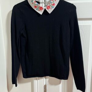 Black Sweater with Floral Embroidered Collar
